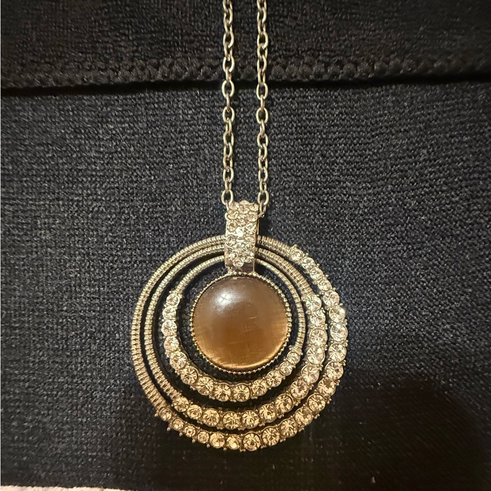 Elegant Silver Brown Moonstone w/ crystals Necklace